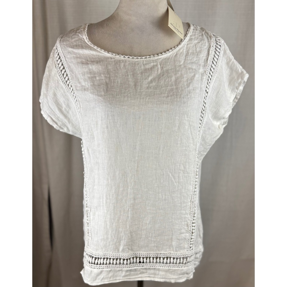 NWT Alessia Pacini Linen Blouse L‎ White Made in Italy Crochet Lace Panel Top